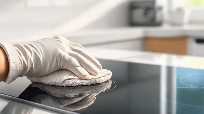 Mão enluvada limpando facilmente a superfície lisa e antiaderente de um cooktop, ilustrando facilidade de limpeza.