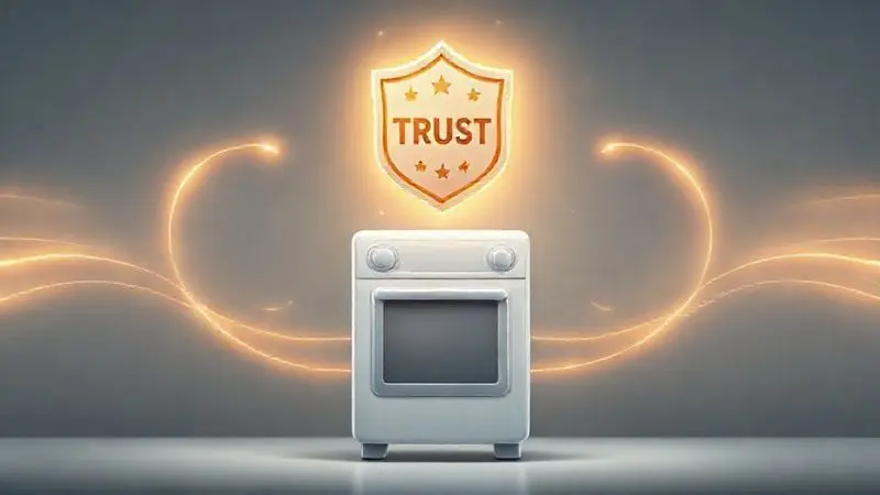 Imagem conceitual de um selo de confiança flutuando sobre um eletrodoméstico, representando a confiabilidade e reputação da marca.