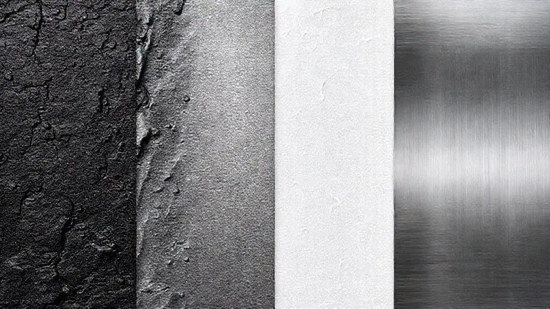 Amostras visuais e texturais de materiais comuns na fabricação de frigideiras para fogões de indução.