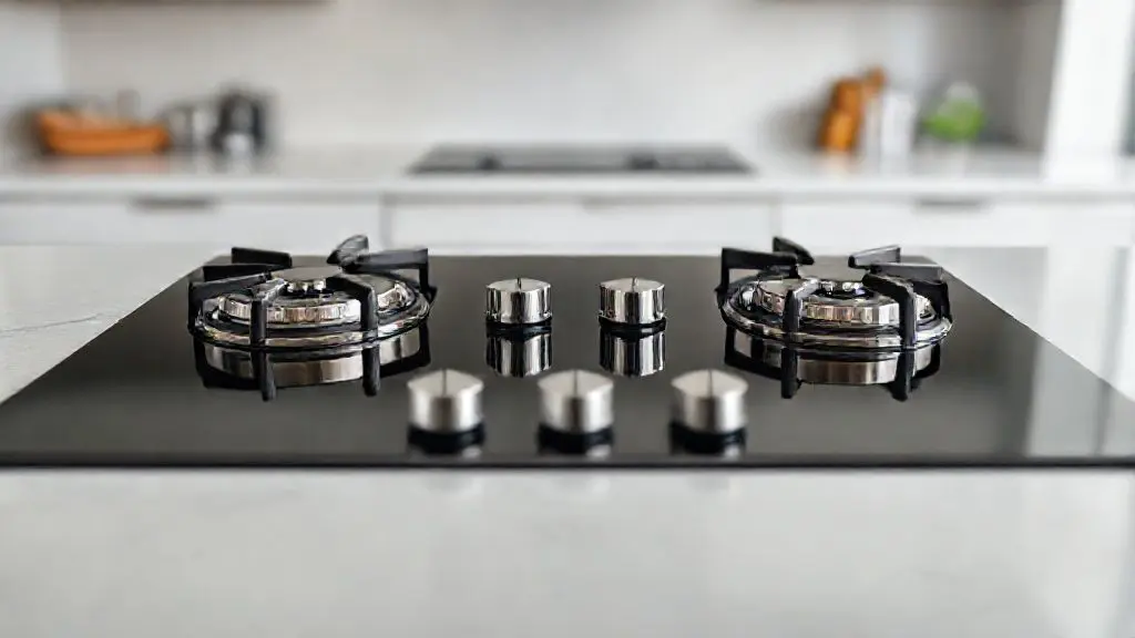 Um cooktop 4 bocas moderno com mesa de vidro preto e botões de aço inox, fotografado em um estúdio com iluminação profissional para destacar os detalhes.