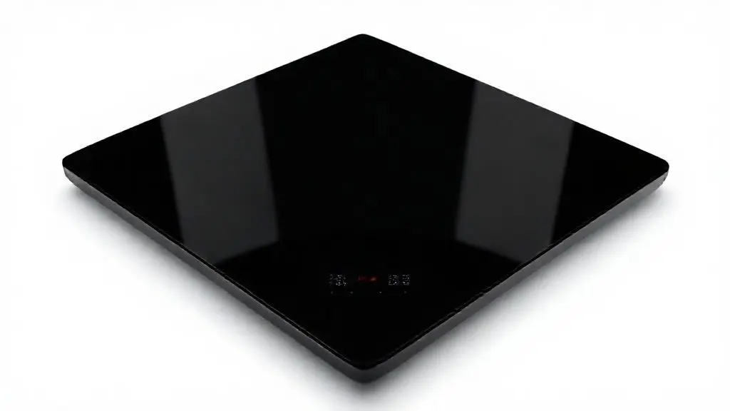 Fotografia profissional de um cooktop moderno de indução com superfície de vidro preto e iluminação de estúdio.
