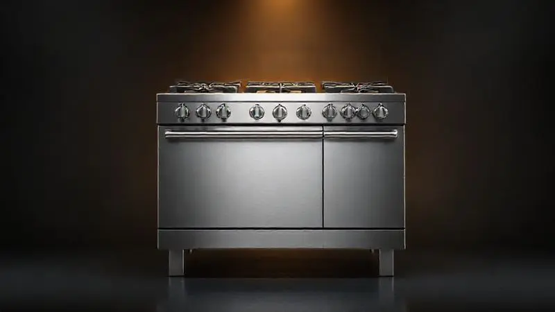 Render conceitual de um fogão de 6 bocas premium e impecável, iluminado por um foco dourado, representando o