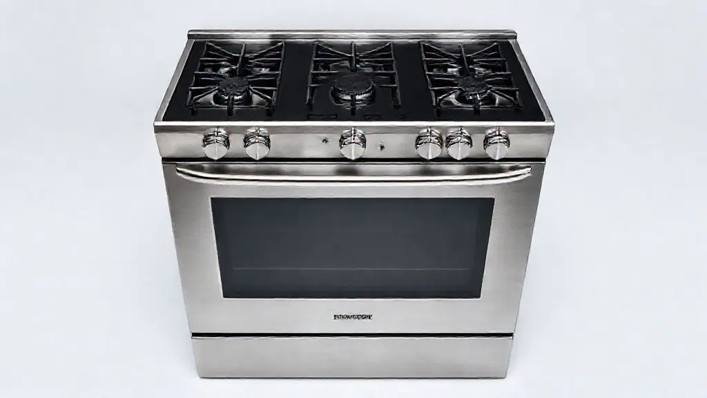 Foto ultra-realista de um fogão de piso moderno e elegante em aço inoxidável, com forno e cooktop em vidro preto, sob iluminação de estúdio profissional.
