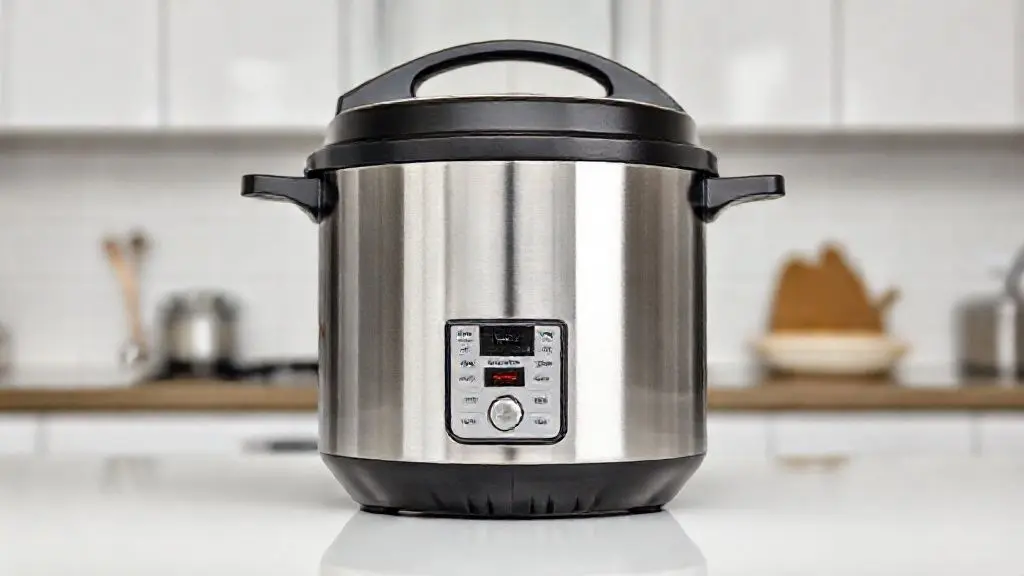 Panela de pressão de indução moderna de aço inoxidável, design ergonômico, ideal para fogões elétricos e de vitrocerâmica.