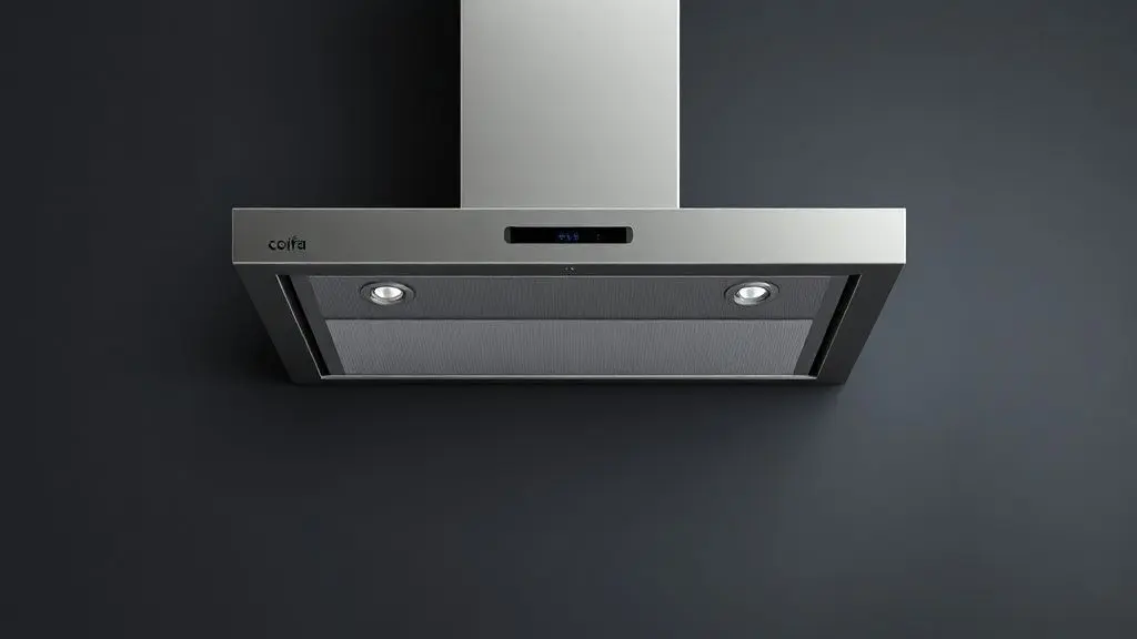 Coifa de parede moderna em aço inoxidável para fogão de 4 bocas, design clean e iluminação de estúdio profissional.