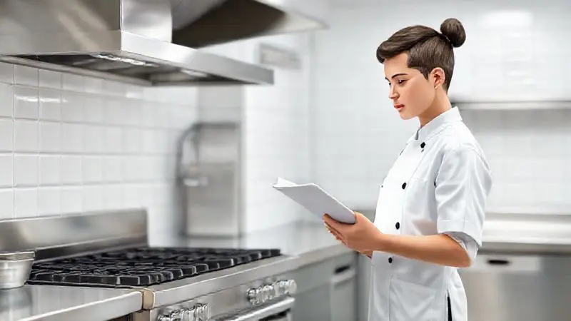 Representação visual de conformidade: cozinheiro profissional revisando checklist em cozinha industrial limpa, seguindo normas de segurança.