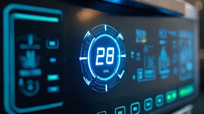 Painel de controle futurista com dados holográficos representando a precisão da ficha técnica e especificações.