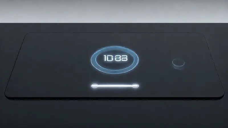 Renderização 3D de um painel de controle touch de um cooktop de indução, com funções tecnológicas e timer.