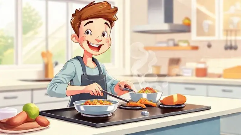 Ilustração conceitual de uma pessoa cozinhando rapidamente em um cooktop, simbolizando os benefícios do fogão.
