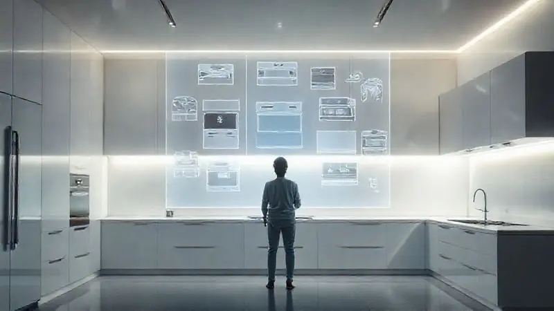 Ilustração conceitual de uma pessoa escolhendo o melhor fogão em uma interface holográfica moderna em uma cozinha.