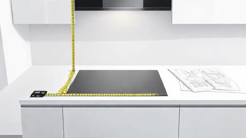 Ilustração de uma bancada de cozinha sendo medida, representando o planejamento do tamanho do cooktop.
