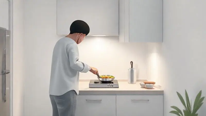 Ilustração de uma pessoa cozinhando em um fogão elétrico de 2 bocas em uma cozinha pequena e moderna.