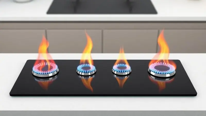 Ilustração 3D de fogão com diferentes potências de queimadores, simbolizando versatilidade na cozinha.