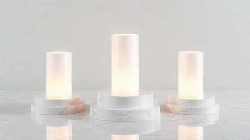 Renderização 3D de três colunas abstratas de alturas diferentes em mármore, representando o ranking e a comparação de marcas de fogões.