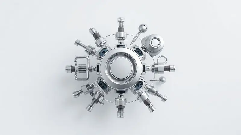 Render 3D de peças metálicas abstratas que simbolizam a qualidade e a confiabilidade de uma marca tradicional.