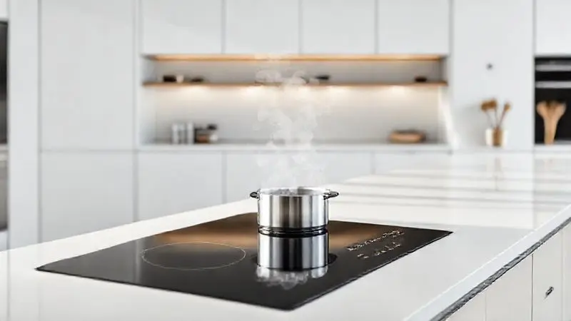Render 3D de uma cozinha minimalista de luxo, destacando um cooktop de indução moderno e preto embutido na bancada.