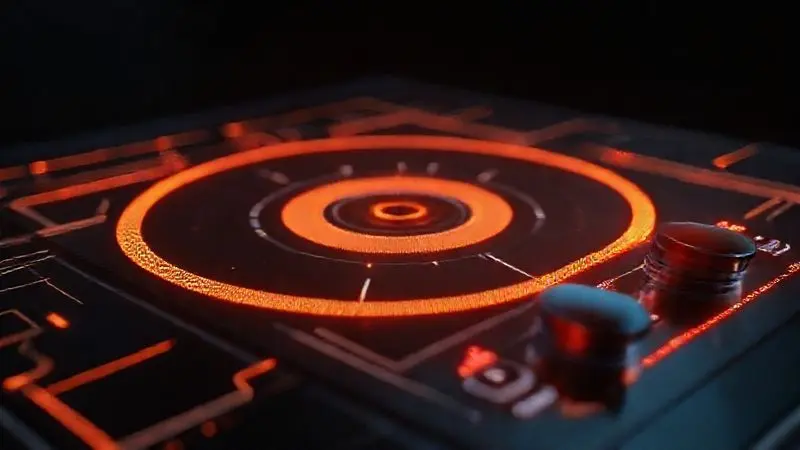 Render conceitual 3D de precisão e tecnologia, mostrando circuitos internos e controle de temperatura da placa de indução.