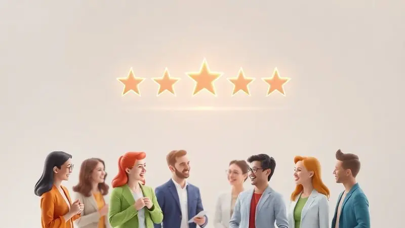 Renderização 3D de um ícone de 5 estrelas brilhante sobre um grupo de clientes diversos, simbolizando avaliações positivas e feedback de consumidores.
