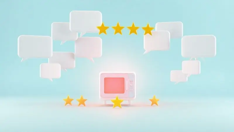 Renderização 3D de balões de fala e estrelas de avaliação simbolizando a opinião e satisfação dos consumidores com o produto.