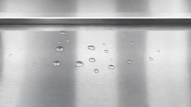 Renderização 3D detalhada de uma superfície de aço inoxidável industrial, destacando resistência à corrosão e durabilidade.