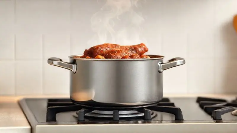 Render artístico de uma panela fumegante com uma refeição caseira saborosa, simbolizando a satisfação de usar um bom fogão.