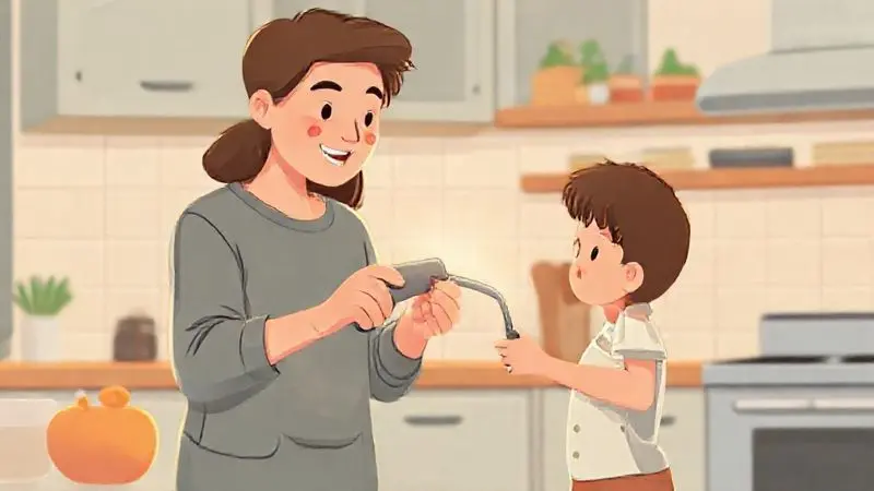 Ilustração conceitual de um acendedor de fogão eletrônico sendo usado com segurança por um adulto em uma cozinha moderna.