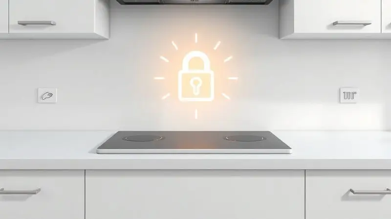 Render 3D minimalista mostrando um ícone de segurança e proteção sobre um cooktop, ilustrando recomendações de uso e cuidados.