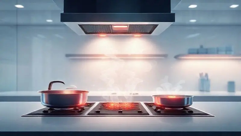 Ilustração conceitual de um fogão moderno com linhas de calor e tecnologia na cozinha.