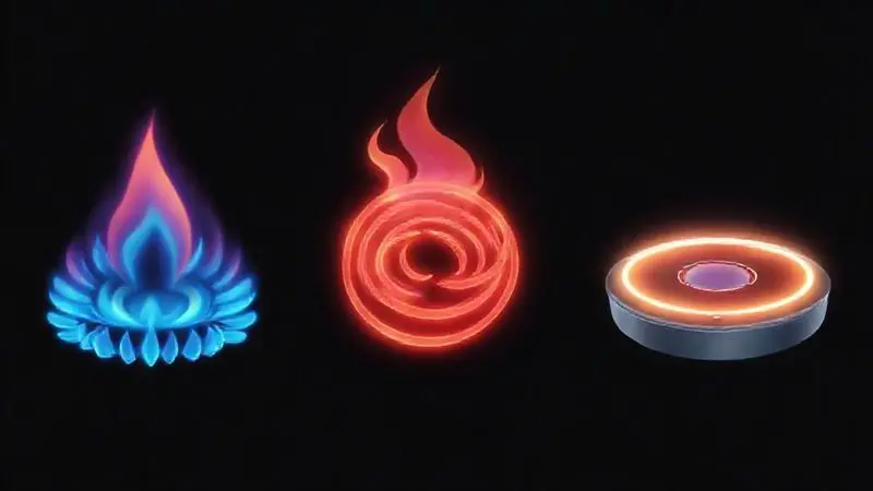 Ilustração conceitual das diferentes tecnologias de aquecimento para fogões e cooktops: gás, elétrico e indução.