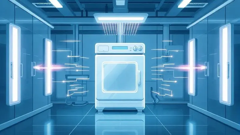 Ilustração digital de um laboratório de testes de qualidade e segurança submetendo um eletrodoméstico a rigorosas verificações.