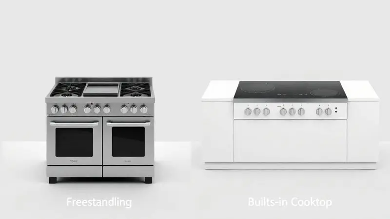 Comparativo visual em 3D dos principais tipos de fogões 5 bocas, como de piso e cooktop de embutir.