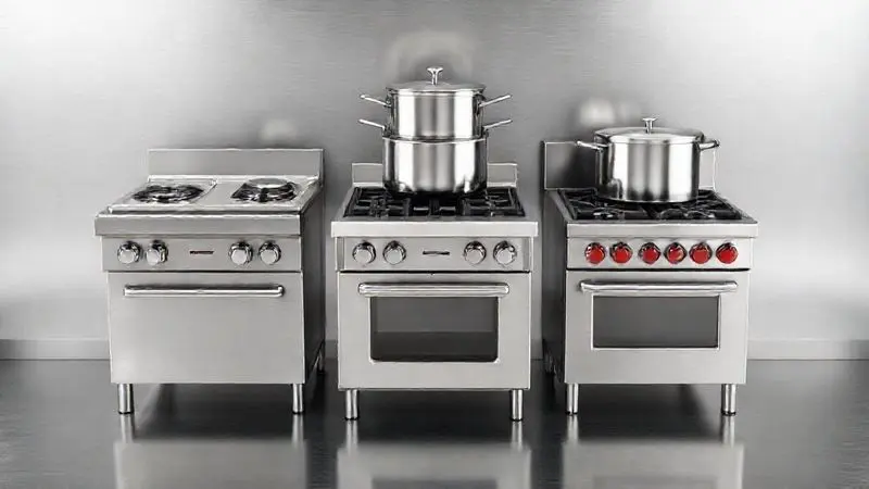 Render conceitual de diferentes tipos de equipamentos e fogões industriais em uma bancada de aço.