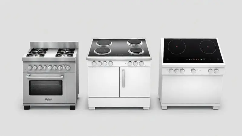 Render conceitual mostrando diferentes tipos de fogões 4 bocas: de piso, cooktop a gás e cooktop por indução.