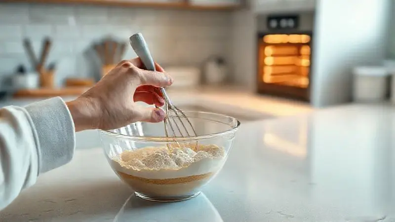 Ilustração artística de uma pessoa misturando massa em uma cozinha, simbolizando o uso de adoçantes para receitas de forno e fogão.