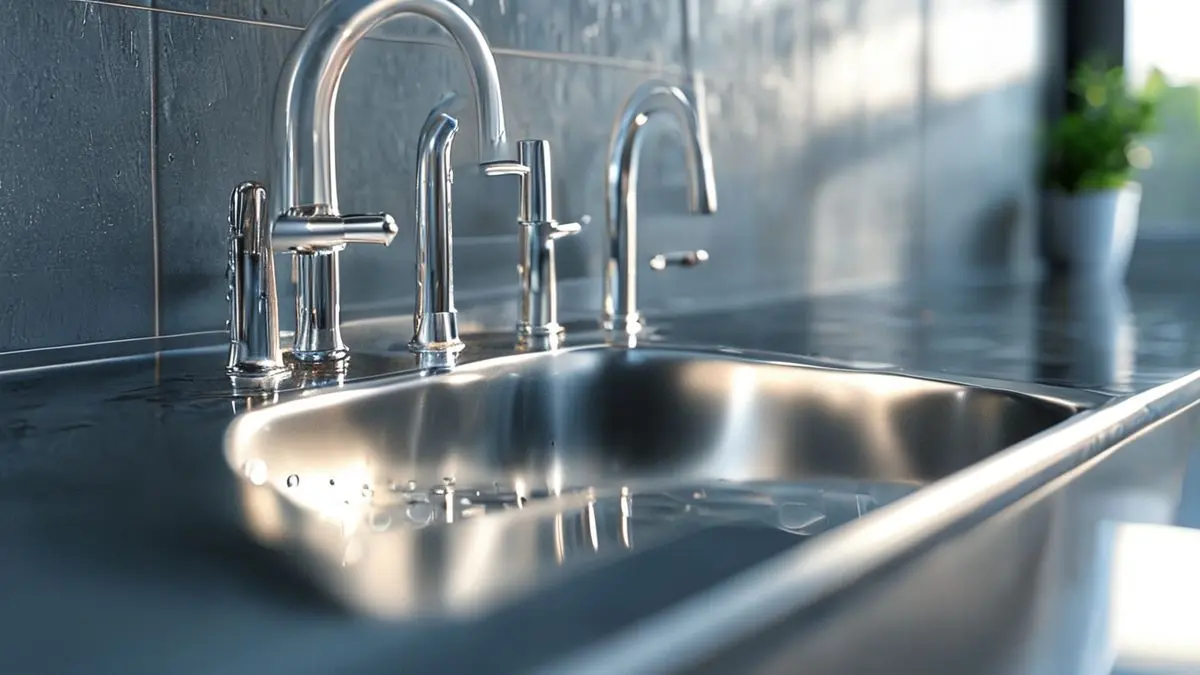 Aço inox brilhante e limpo com detalhes de superfície metálica e reflexos, mostrando resultado da limpeza profissional
