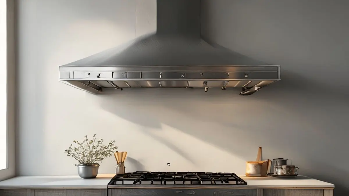 Depurador de ar instalado na altura ideal acima do fogão, mostrando posicionamento correto em cozinha moderna.