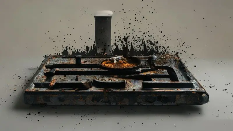 Boca de fogão suja com gordura queimada e resíduos pretos, ilustração conceitual do acúmulo de sujeira.