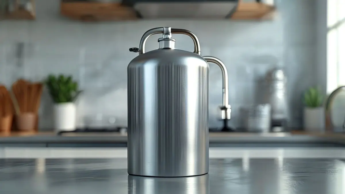 Botijão de gás de cozinha simétrico em ambiente doméstico, destacando a conexão do regulador e válvula de segurança