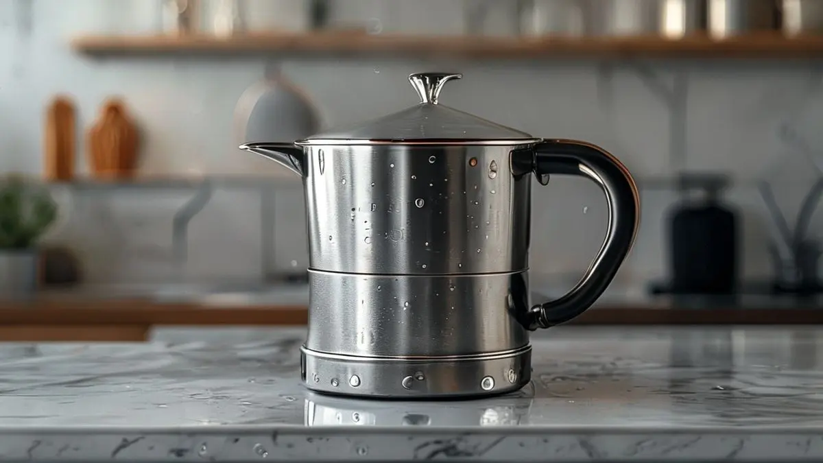 Cafeteira italiana cromada sobre bancada de mármore com iluminação profissional destacando detalhes e texturas do método tradicional de preparo de café.