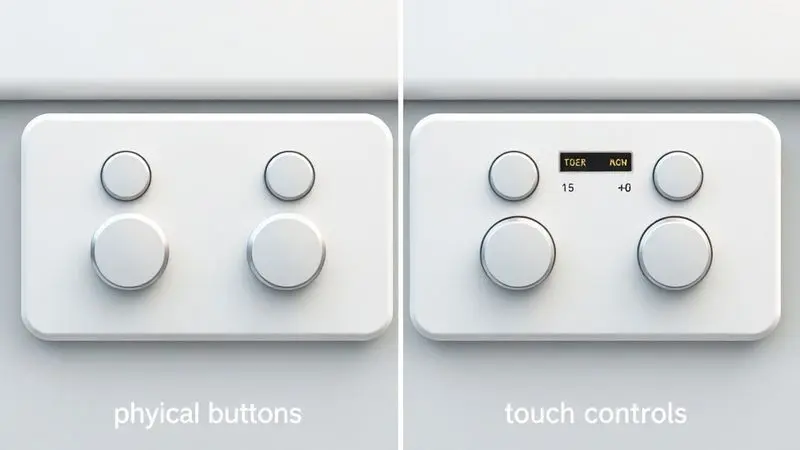 Comparação visual conceitual entre controles físicos com botões e painel digital tátil em fogões modernos