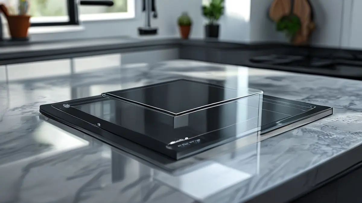 Cooktop por indução em cozinha moderna com superfície de vidro preta e controles digitais, ilustrando funcionamento do eletromagnetismo