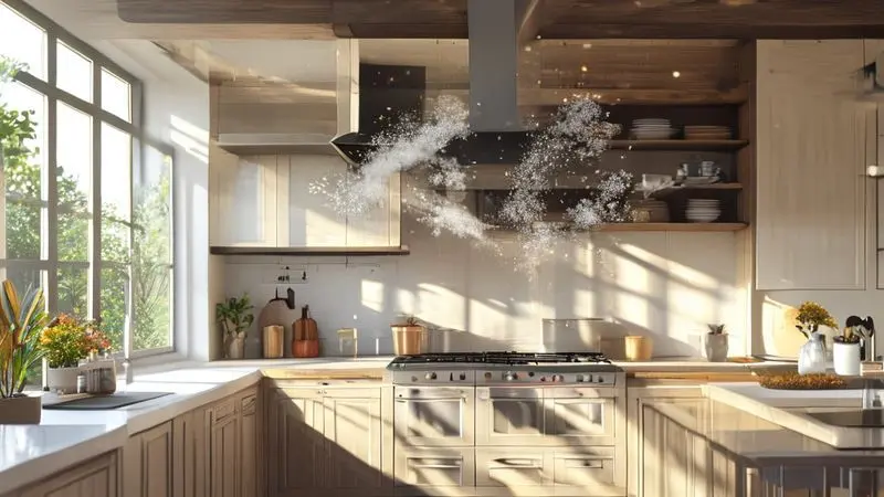 Ilustração conceitual mostrando como funciona a circulação de ar em um exaustor de cozinha, com visualização de fluxo de ar limpo e poluído