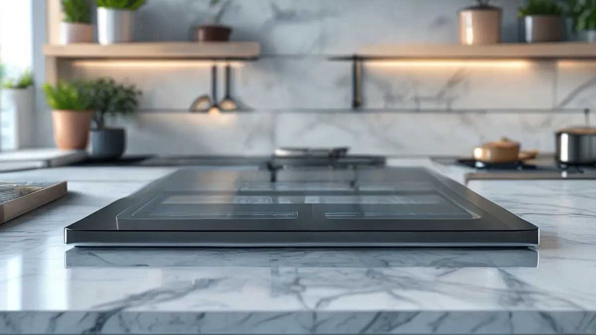 Cooktop moderno de vidro sobre bancada de mármore para guia de instalação passo a passo de cooktops a gás, indução e elétrico