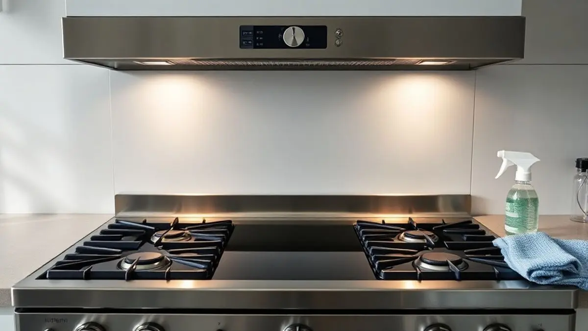 Fogão de cozinha limpo e brilhante após limpeza pesada, mostrando superfície livre de gordura com produtos de limpeza ao lado.