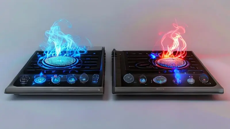 Comparação visual entre três tipos de cooktop: gás, elétrico vitrocerâmico e por indução, mostrando diferenças tecnológicas