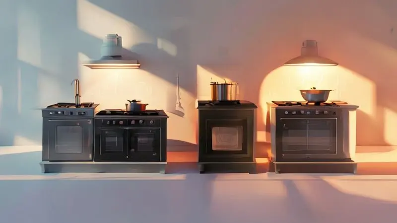 Ilustração comparativa conceitual de três tipos de fogões: de piso, embutido e cooktop autônomo.