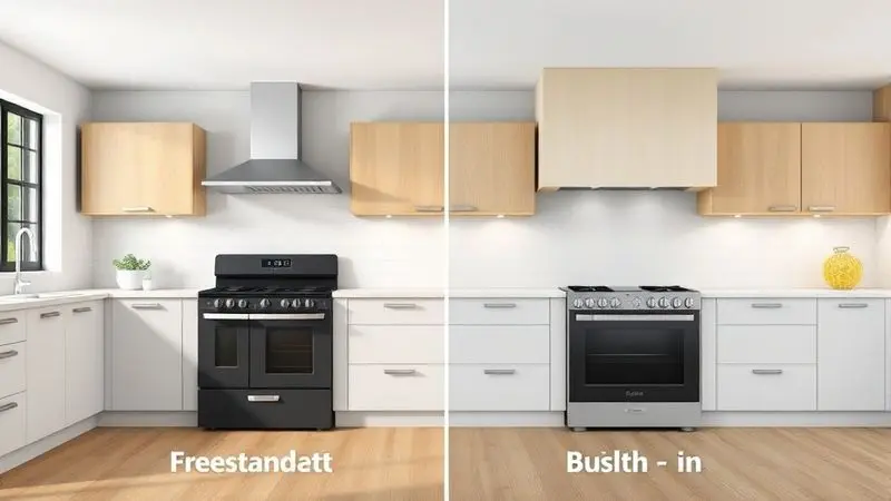Comparação conceitual entre fogão de piso e fogão embutido em ambiente de cozinha moderna
