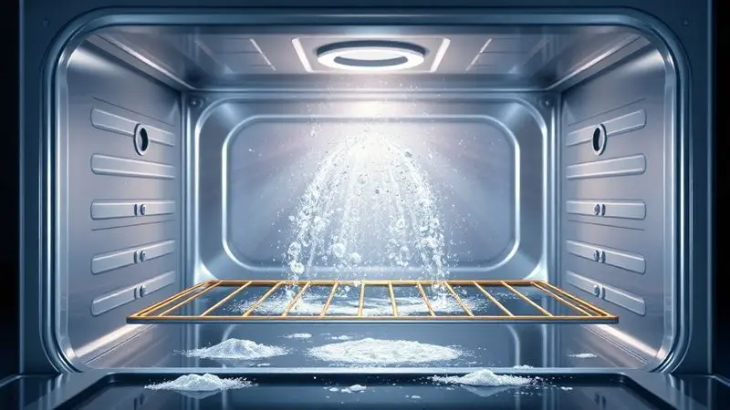 Ilustração digital mostrando conceito de forno com tecnologia de autolimpeza com partículas de sujeira desaparecendo.