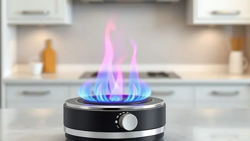 Representação conceitual do controle de intensidade da chama em queimador de fondue, mostrando diferentes alturas de chama azul para ajuste de temperatura.