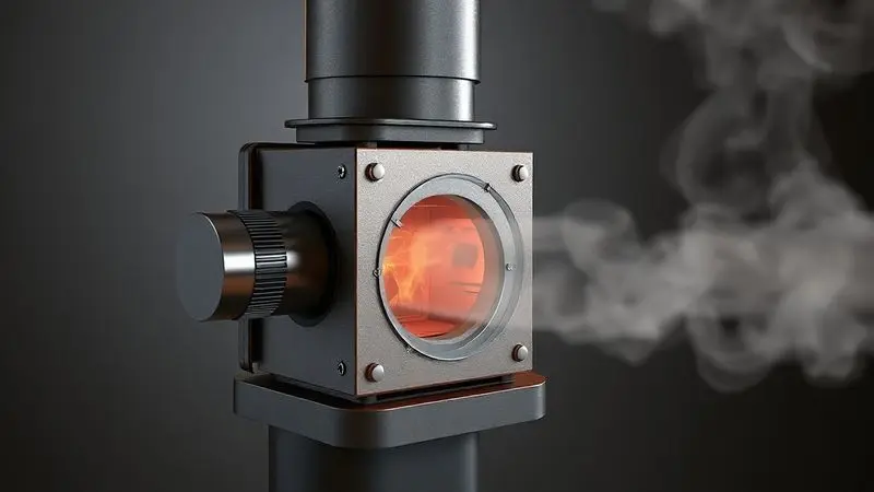 Render 3D realista do mecanismo de controle de registro de chaminé para regular temperatura e fluxo de fumaça em fogão a lenha.